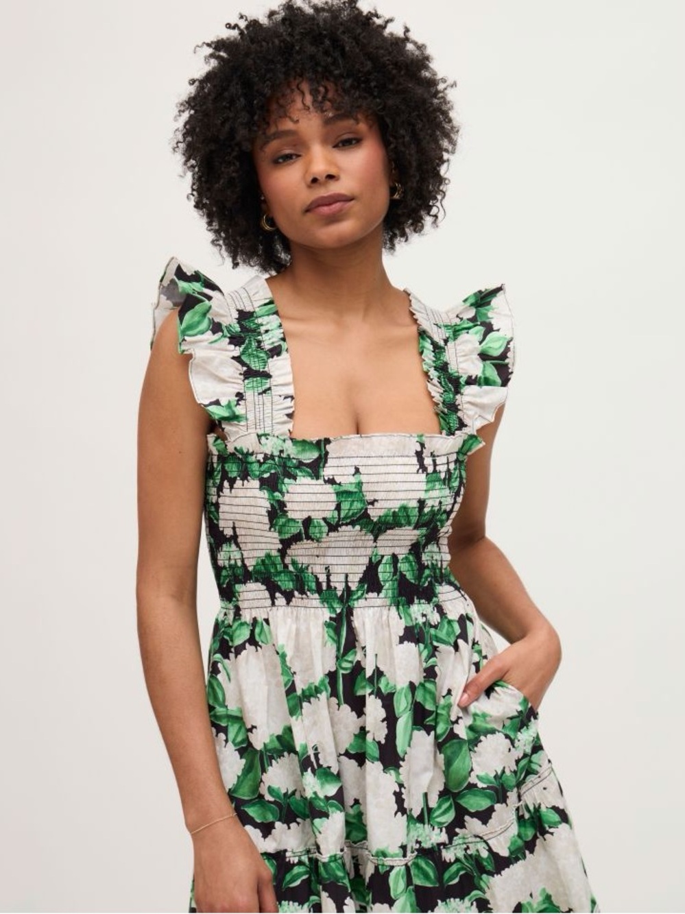 Hill House Green and White Floral Smocked Midi Dress - Picture 3 of 6